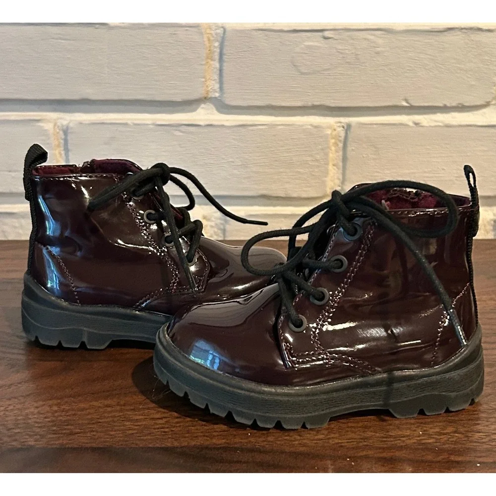 Zara Kids Burgundy Patent Lace Up Boots Side‎ Zipper Toddler Size EU 21